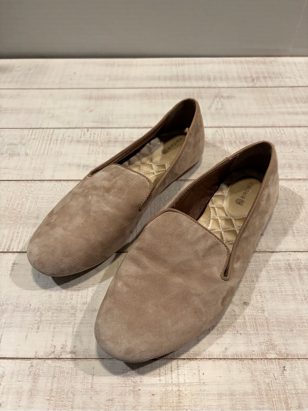 Birdies Starling Taupe Suede Loafers Slip On Flats Quilted Footbed 7.5